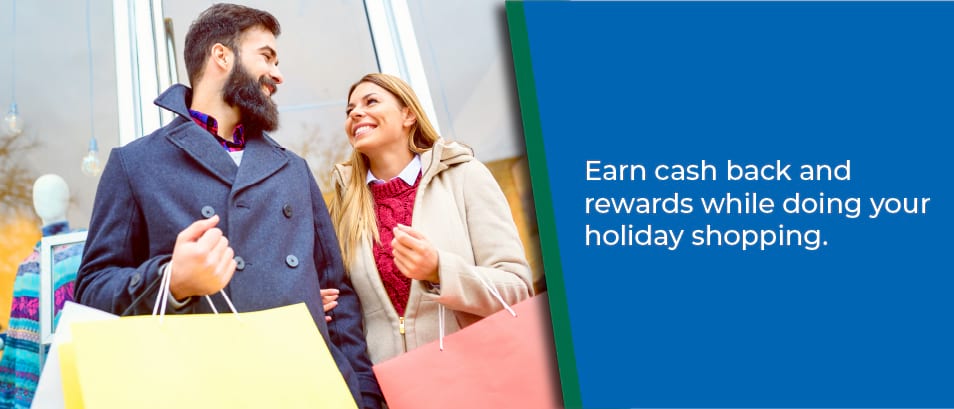 Earn cash back and rewards while doing your holiday shopping - Man and woman with shopping bags